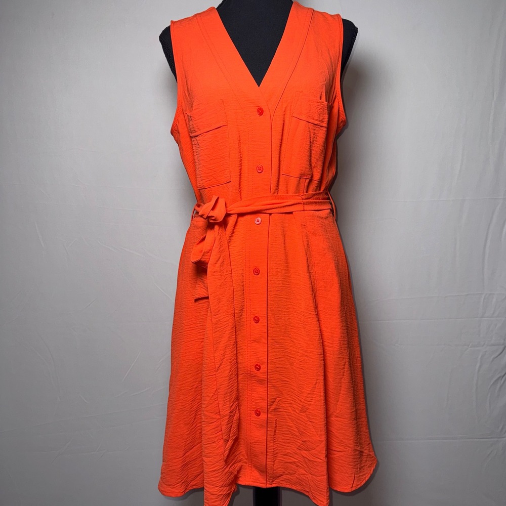 DKNY Womens Orange Sleeveless Button Front Belted Shirt Dress Size 10 NWT $129